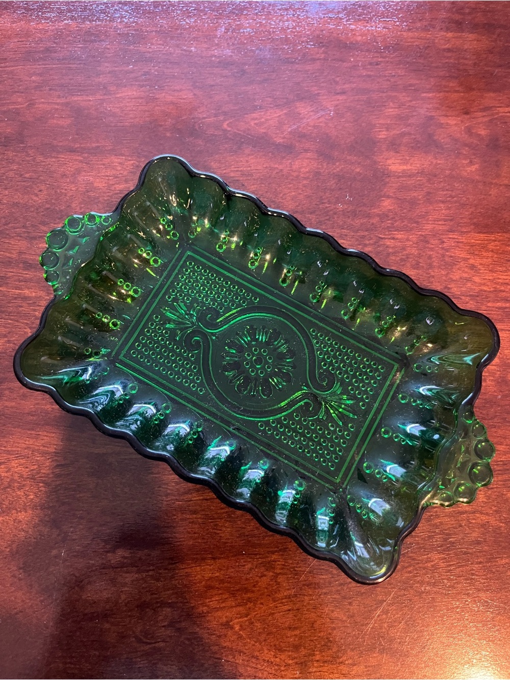 Beautiful 1950-60s Anchor Hocking Green Glass Relish Tray, Trinket Dish